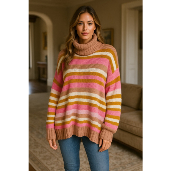 Aerie Oversized Turtleneck Sweater Chenille Stripes Buttery Soft Cozy Winter L - Picture 1 of 5
